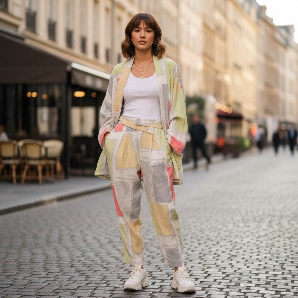 Vintage 1980s Pastel Geometric Print Two-Piece Set Jacket + Trousers M/38